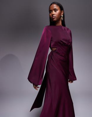 Asos Design Long Sleeve Cut Out Maxi Dress With Knot Back Detail In Purple