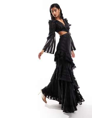 ASOS DESIGN long sleeve cut out maxi dress with lace inserts in satin burnout stripe in black