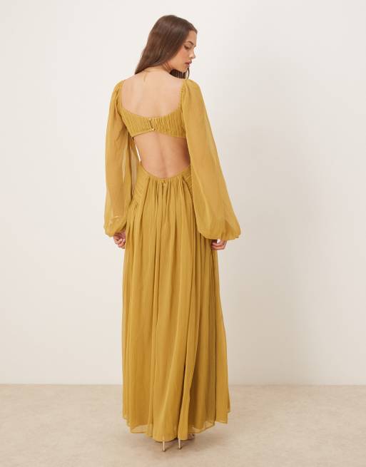 ASOS DESIGN long sleeve cut out maxi dress with ruched skirt in olive green