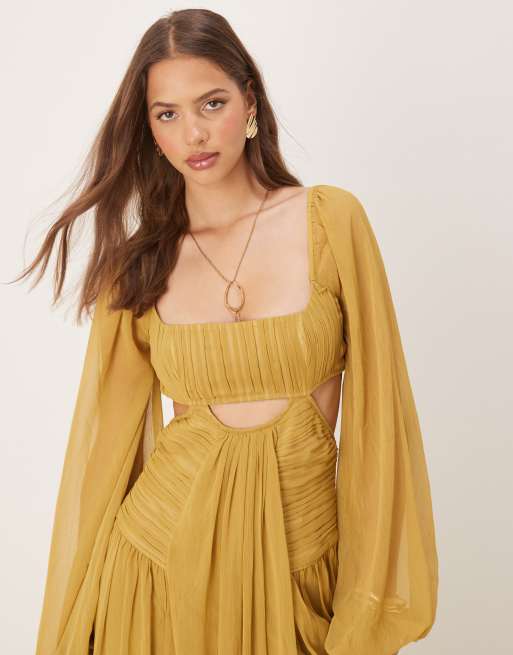 ASOS DESIGN long sleeve cut out maxi dress with ruched skirt in olive green