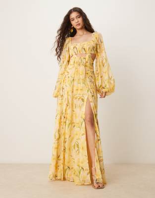 Asos Design Long Sleeve Cut-out Maxi Dress With Ruched Skirt In Yellow