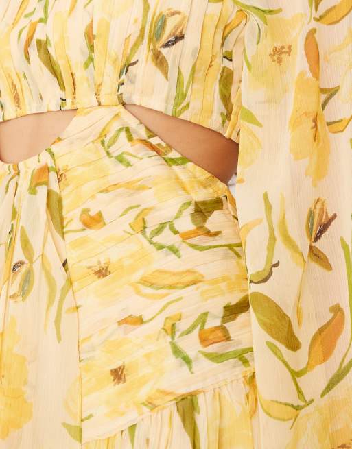 ASOS DESIGN long sleeve cut-out maxi dress with ruched skirt in yellow floral print