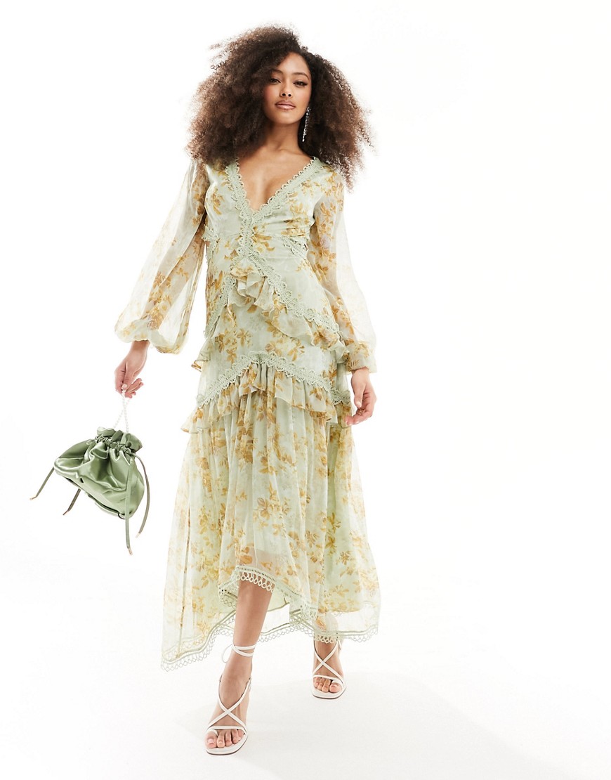 Asos Design Long Sleeve Cut Out Midi Dress In Vintage Floral Print-multi