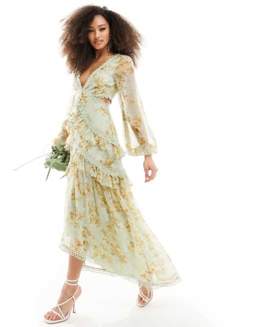 ASOS DESIGN long sleeve cut out midi dress in vintage floral print ASOS