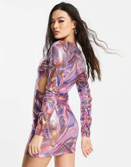 ASOS DESIGN long sleeve cut out mini dress in retro pink sequin, 2 of 4