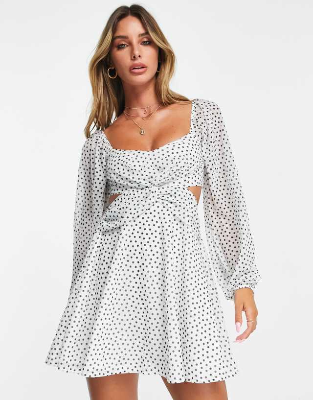 ASOS DESIGN long sleeve cut out mini dress in white polka dot