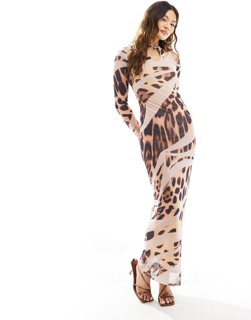 Asos Design Long Sleeve Cut Out Neck Detail Midi Dress In Warped Animal Print-multi