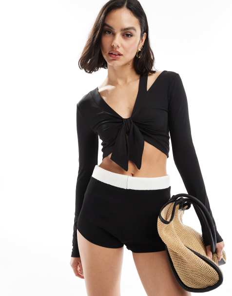ASOS DESIGN long sleeve cut out neck tie front top in black - view 1
