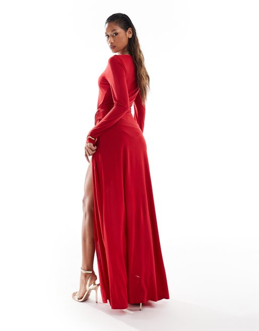 ASOS DESIGN long sleeve cut out sarong detail maxi dress in red ASOS