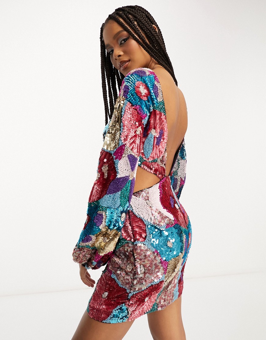 ASOS DESIGN long sleeve cut out side embellished mini dress in floral-Multi