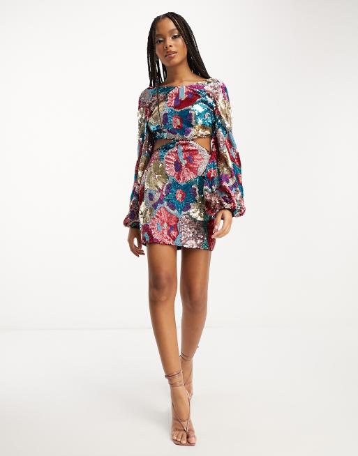 Asos design long sleeve mini dress in floral print with cluster embellishment detail and circle trims hotsell