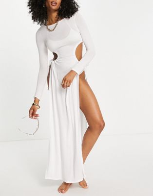 ASOS DESIGN long sleeve cut out super thigh high split maxi dress in white