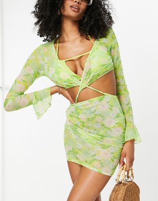 ASOS DESIGN long sleeve cut out waist mesh beach dress in floral print