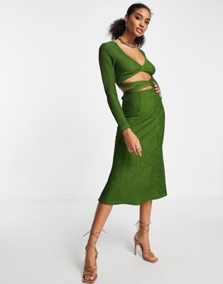 ASOS DESIGN long sleeve cut out waist midi dress in dark green | ASOS