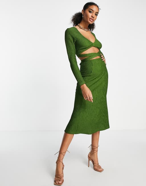 ASOS DESIGN long sleeve cut out waist midi dress in dark green