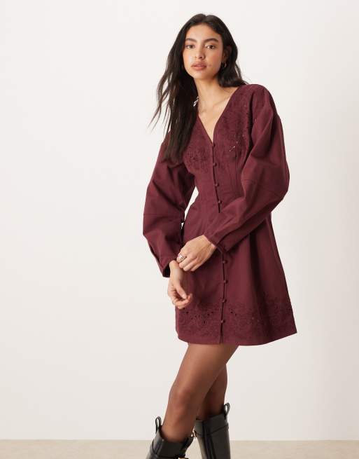 ASOS DESIGN long sleeve cutwork button down mini dress in burgundy