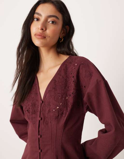 ASOS DESIGN long sleeve cutwork button down mini dress in burgundy