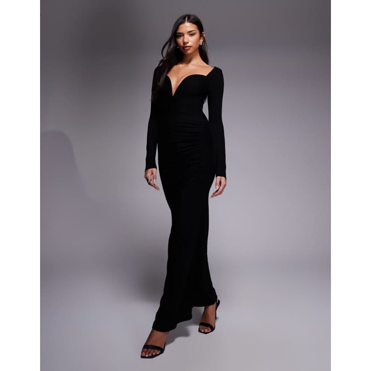deep plunge v neck maxi dress Hallie Black Deep V Plunge Maxi Dress | Dresses