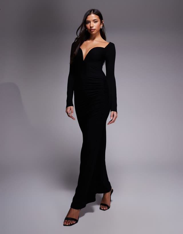 black long sleeve deep v dress ASOS DESIGN plunge neck maxi with v-bar trim in Color:Blushing Bride Posey with options such as launch_date:8/23/2019 Asymmetrical Satin Bridesmaid Dress