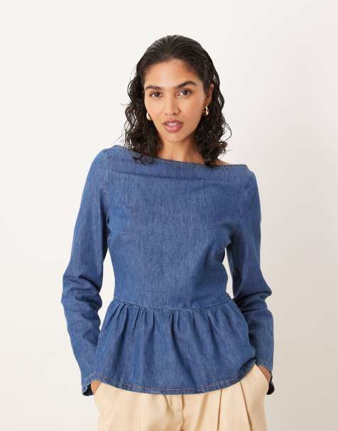 ASOS DESIGN long sleeve denim top with peplum in indigo wash - view 1