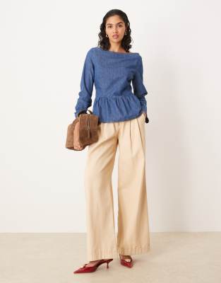 Asos Design Long Sleeve Denim Top With Peplum In Blue