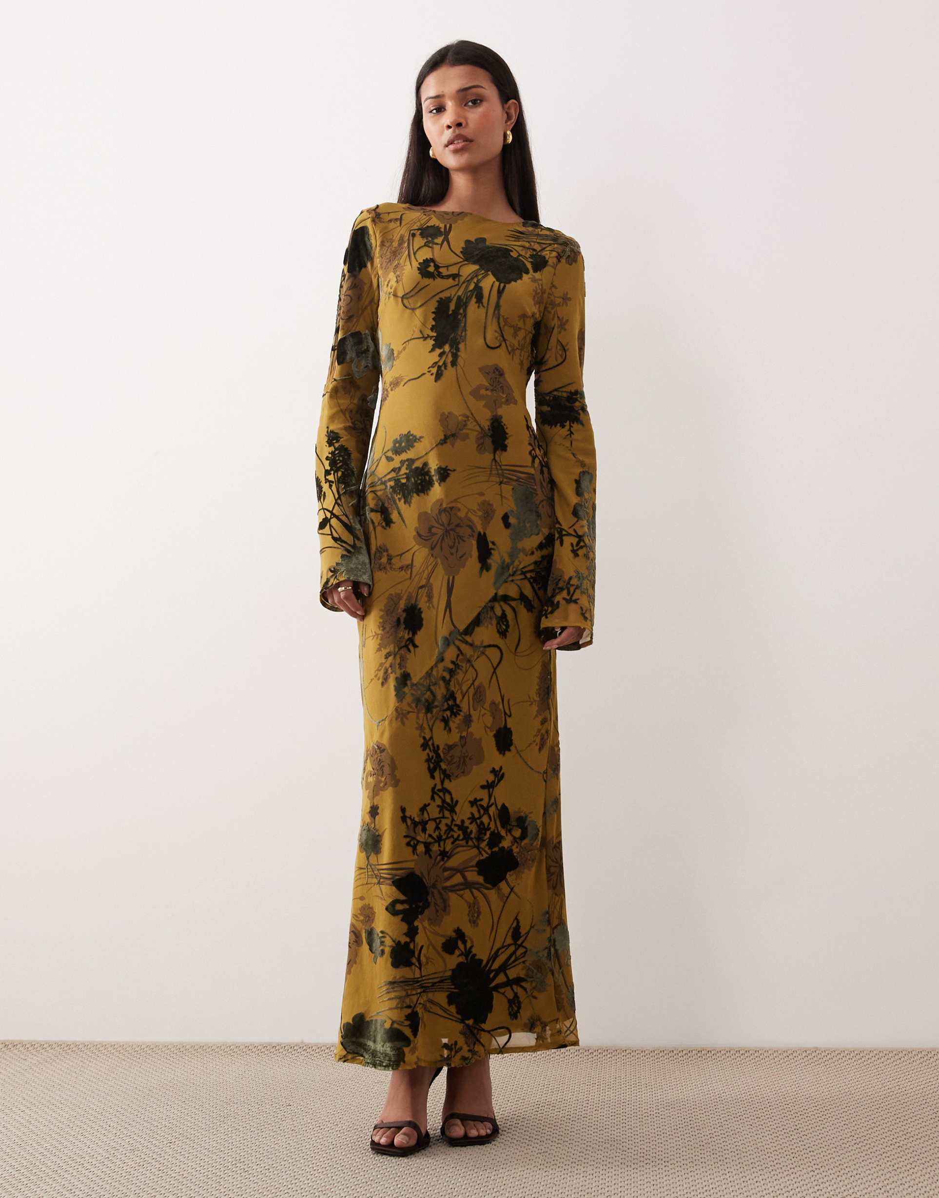 asos design long sleeve devore maxi dress in green floral