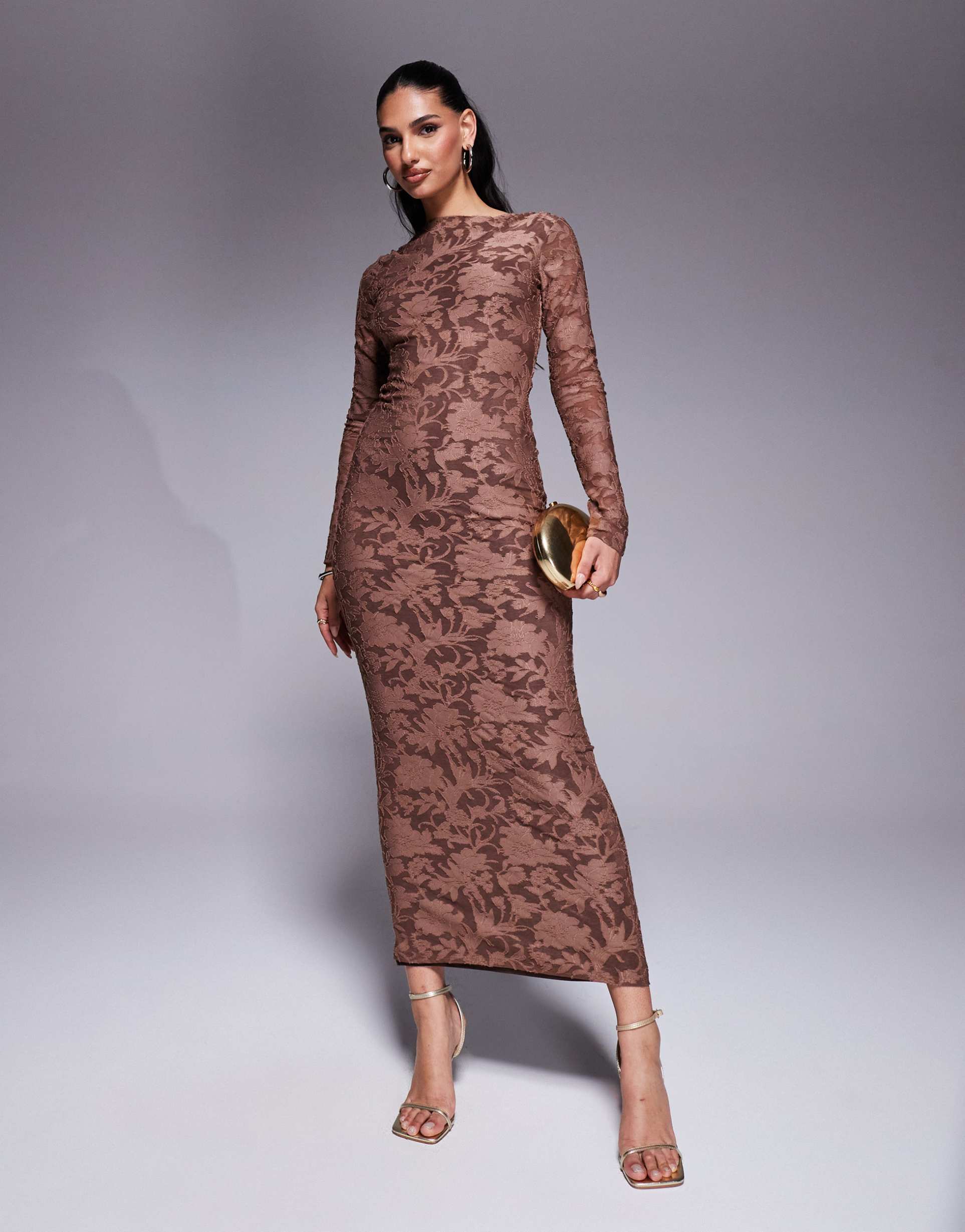 asos design long sleeve devore midi dress with silver hardware back detail in chocolate