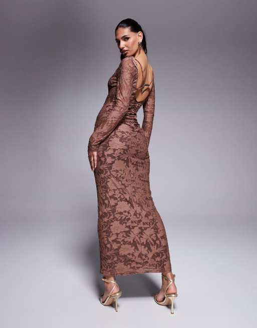 ASOS DESIGN long sleeve devore midi dress with silver hardware back detail in chocolate
