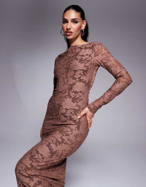 ASOS DESIGN long sleeve devore midi dress with silver hardware back detail in chocolate