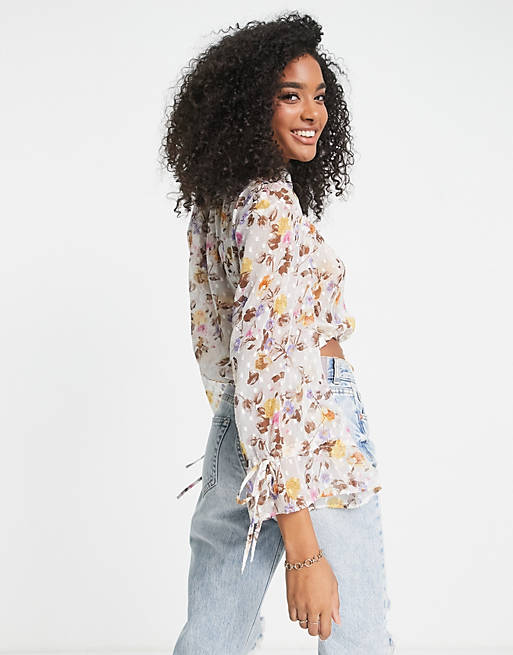 Tops Shirts & Blouses/long sleeve dobby top with tie front in tonal floral print 