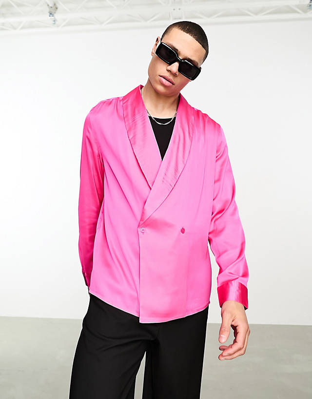 ASOS DESIGN - long sleeve double breasted satin shirt with shawl collar in neon pink