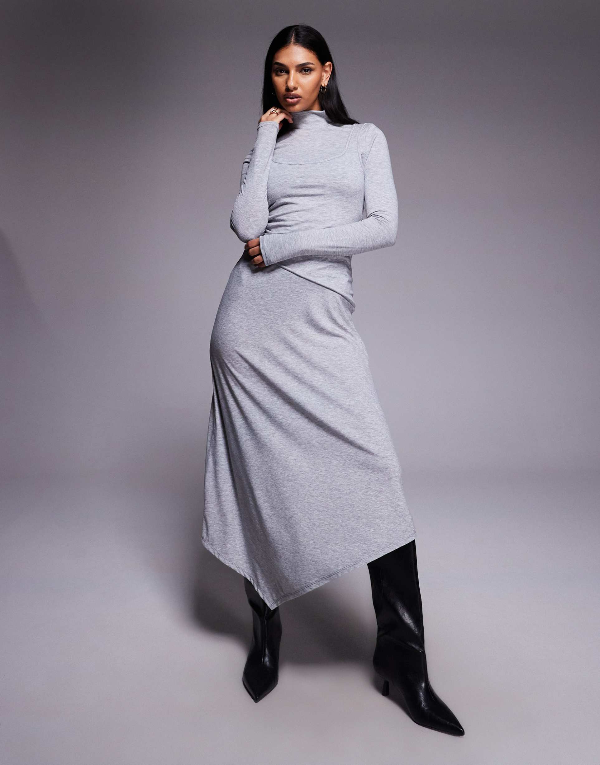 asos design long sleeve double layer handkerchief hem midi dress in heather gray