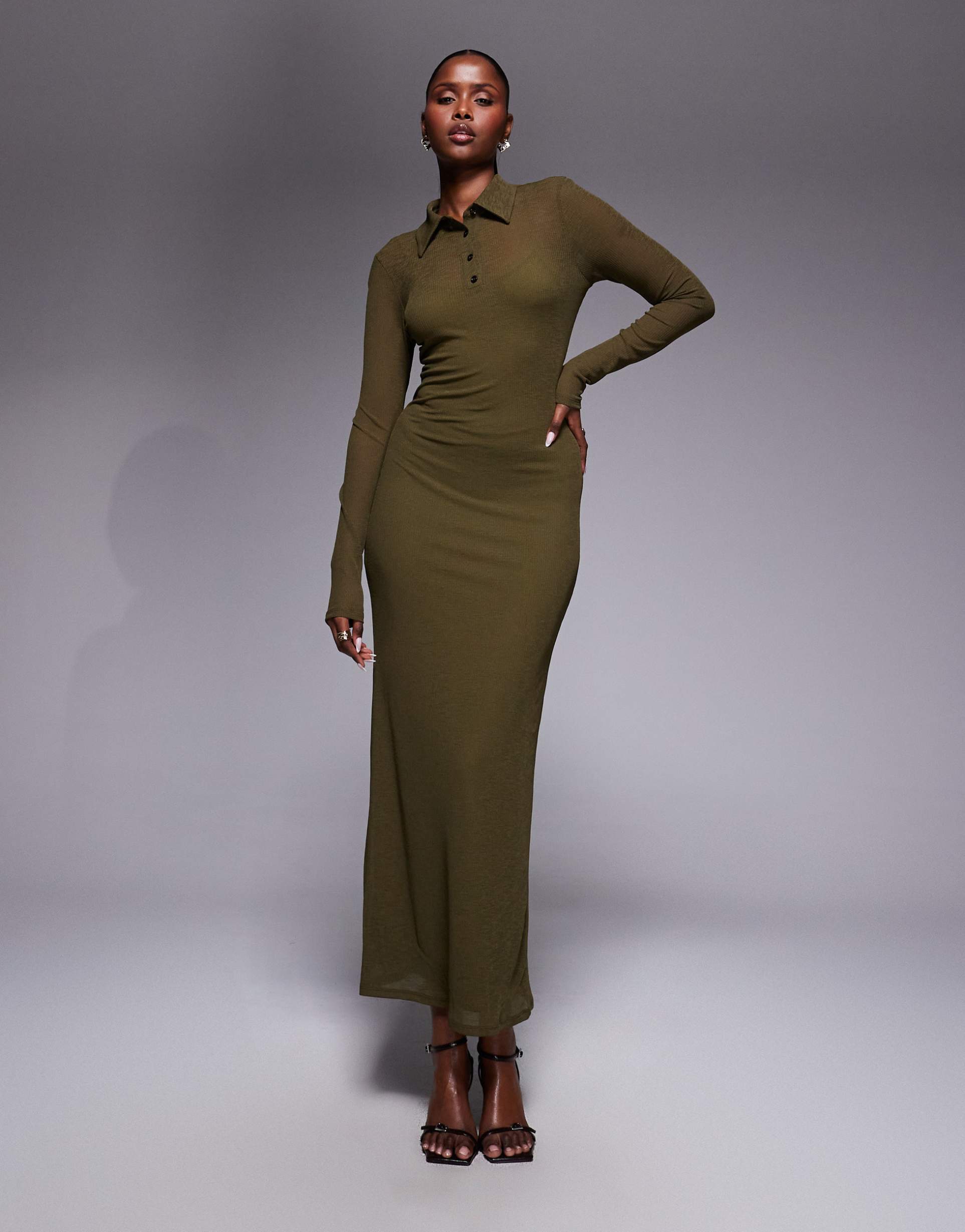 asos design long sleeve double layer maxi dress in dark olive