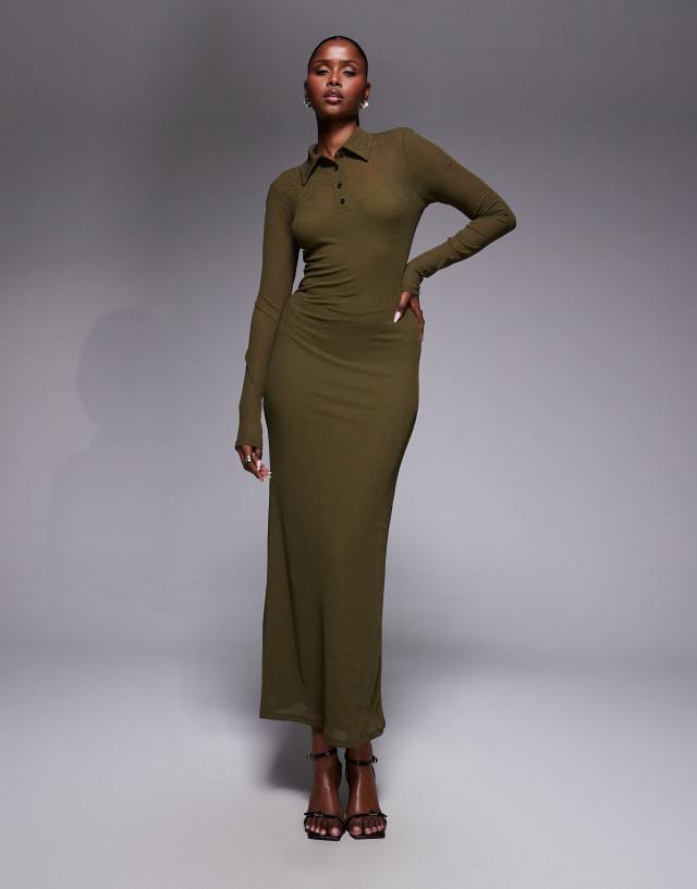 dark olive formal dress ASOS Design long sleeve double layer maxi in olive-Green warehousebackup25