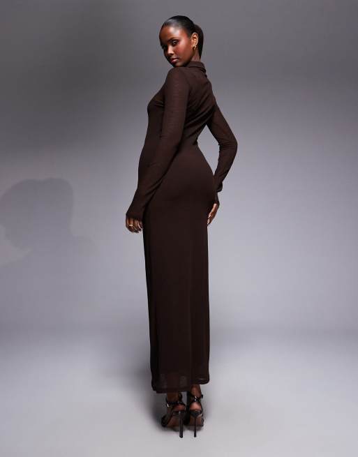 ASOS DESIGN long sleeve double layer maxi dress in mole brown, 2 of 4