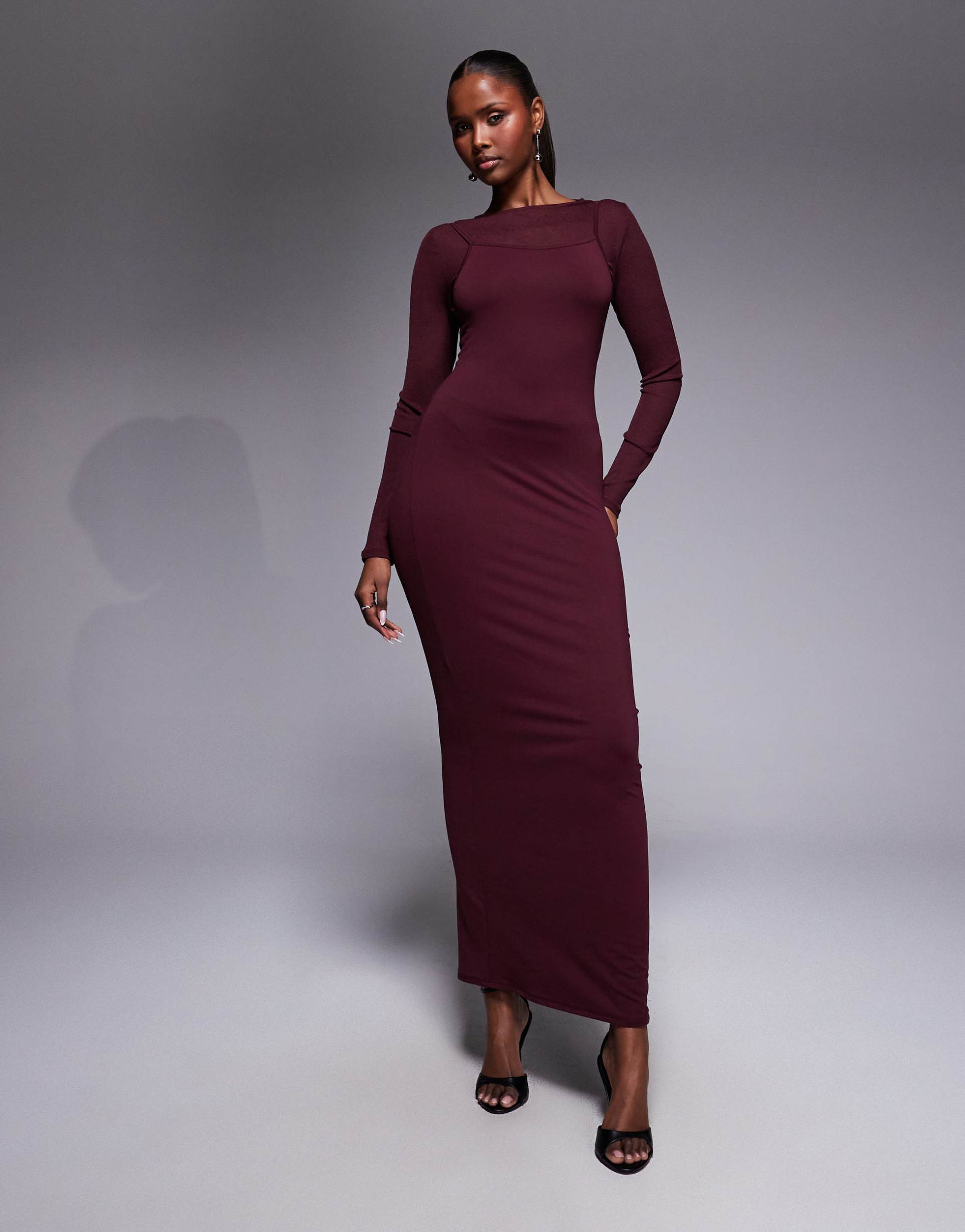 asos design long sleeve double layer maxi dress in plum