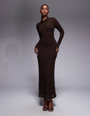 Asos Design Long Sleeve Double Layer Midaxi Dress In Brown