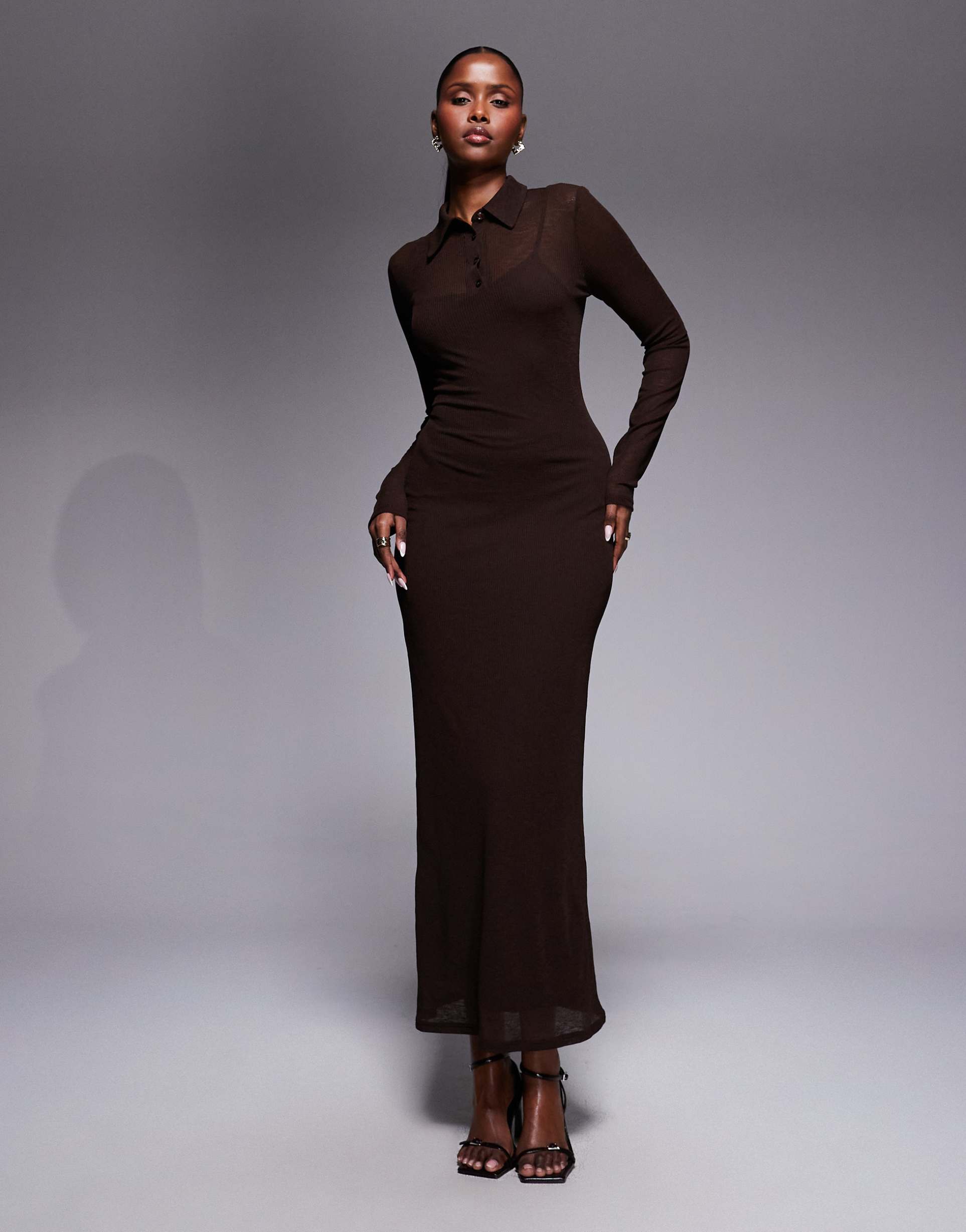 asos design long sleeve double layer midaxi dress in mole brown