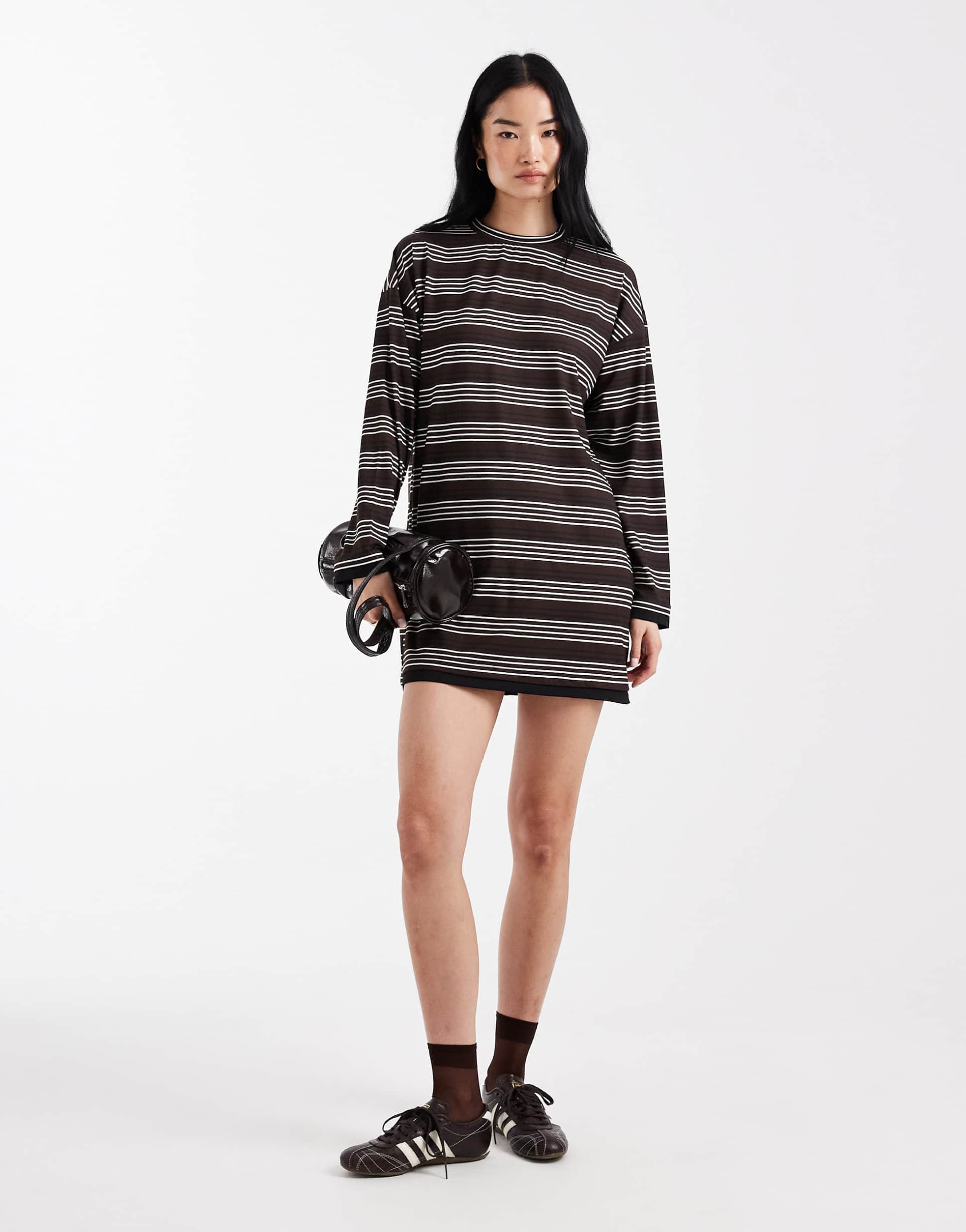 asos design long sleeve double layer mini dress in chocolate stripe