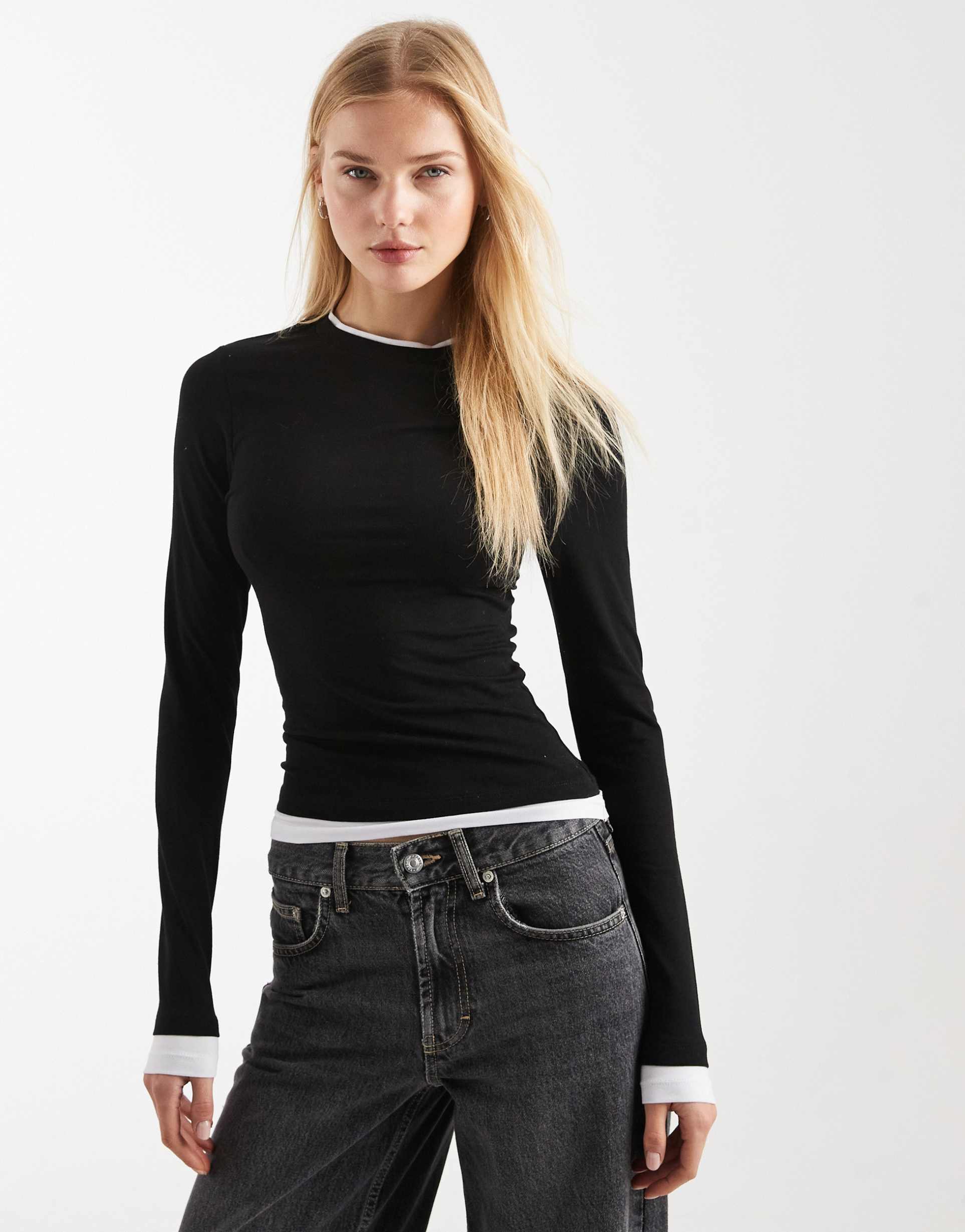 asos design long sleeve double layer top in black