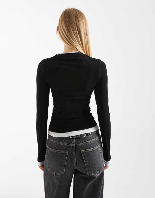 ASOS DESIGN long sleeve double layer top in black, 2 of 4