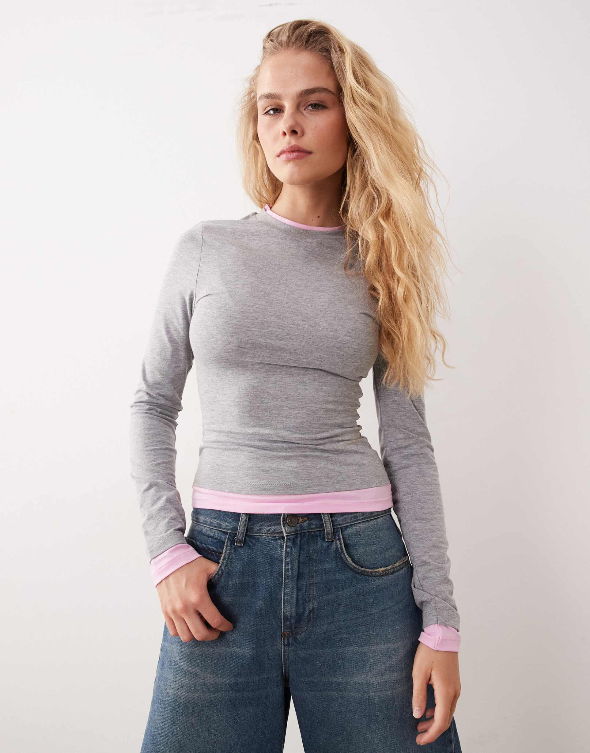 asos design long sleeve double layer top in gray heather and light pink