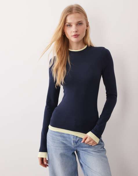 ASOS DESIGN long sleeve double layer top in navy