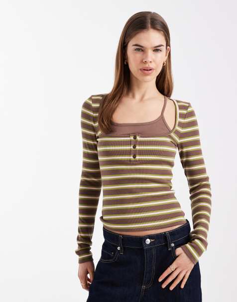 ASOS DESIGN long sleeve double layer with button detail top