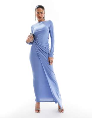 Asos Design Long Sleeve Drape Detail Maxi Dress In Dusty Blue