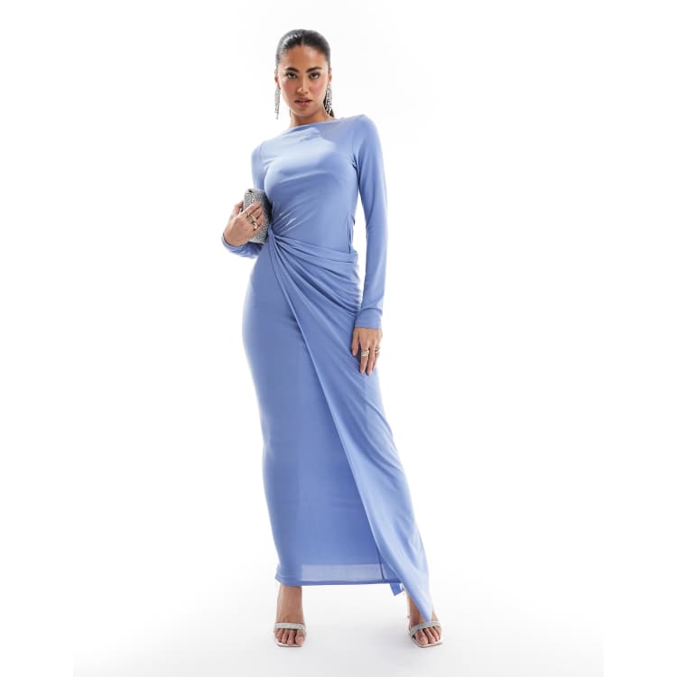 Dusty blue fashion maxi dress with sleeves