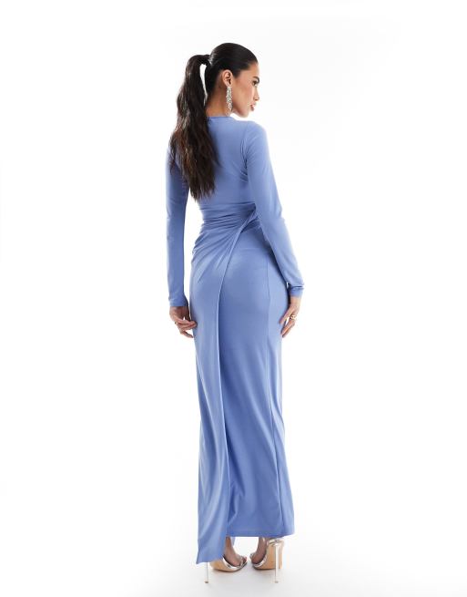 ASOS DESIGN long sleeve drape detail maxi dress in dusty blue, 4 of 4
