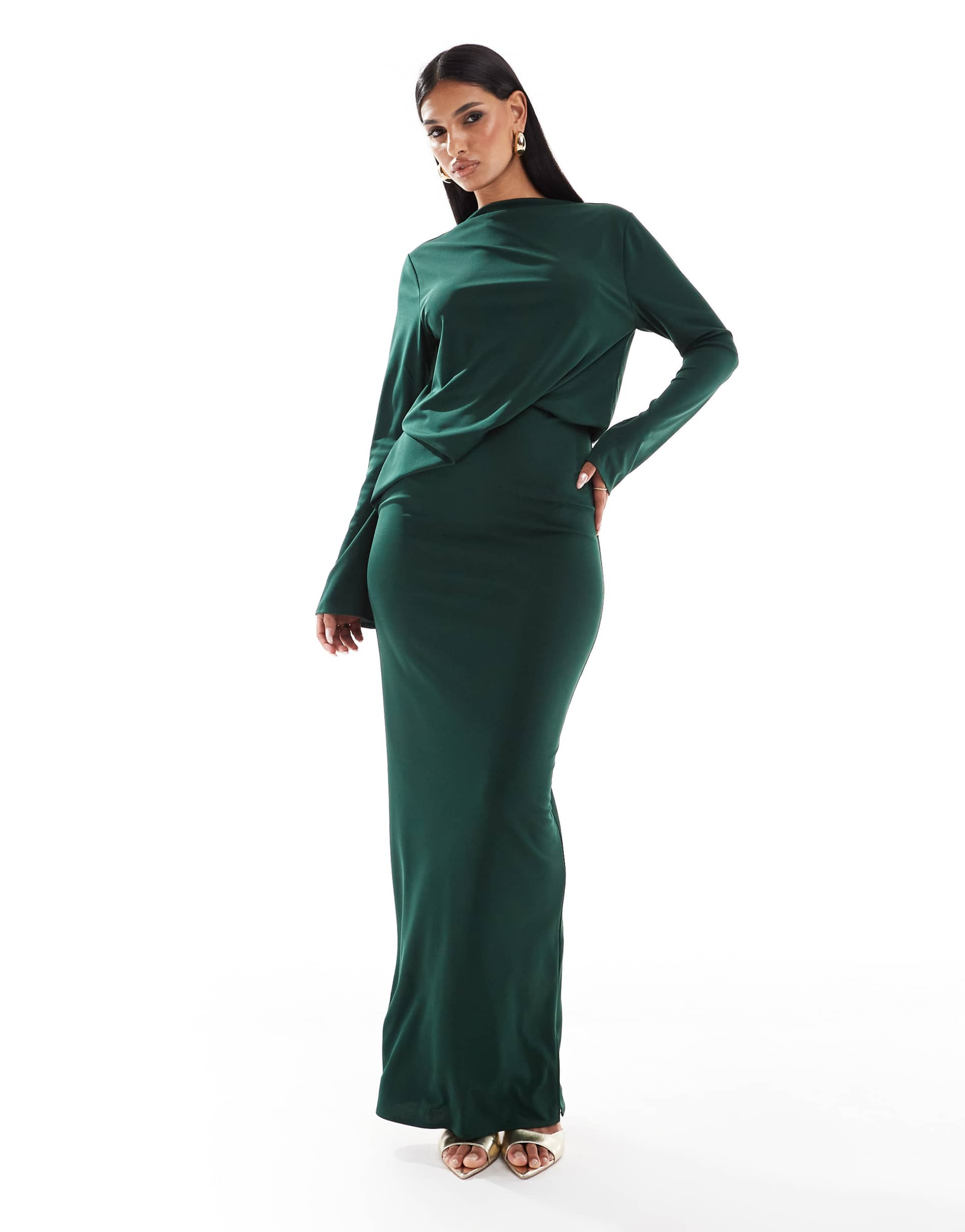 asos design long sleeve drape detail maxi dress in forest green