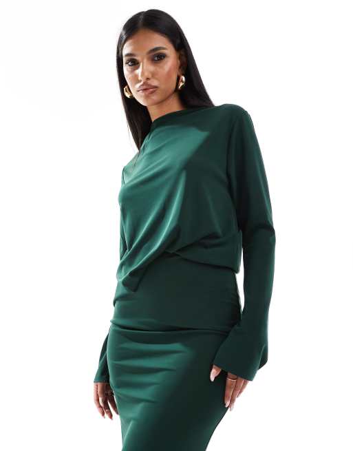 ASOS DESIGN long sleeve drape detail maxi dress in forest green