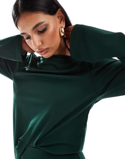 ASOS DESIGN long sleeve drape detail maxi dress in forest green